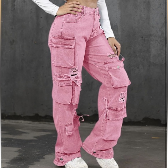 NEW Pink Distressed Denim Cargo Jeans - Picture 2 of 6